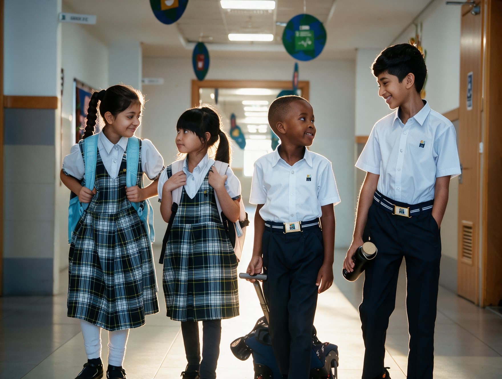 Students of different ages walking together down a school corridor at Woodlem Park School Hamidiya