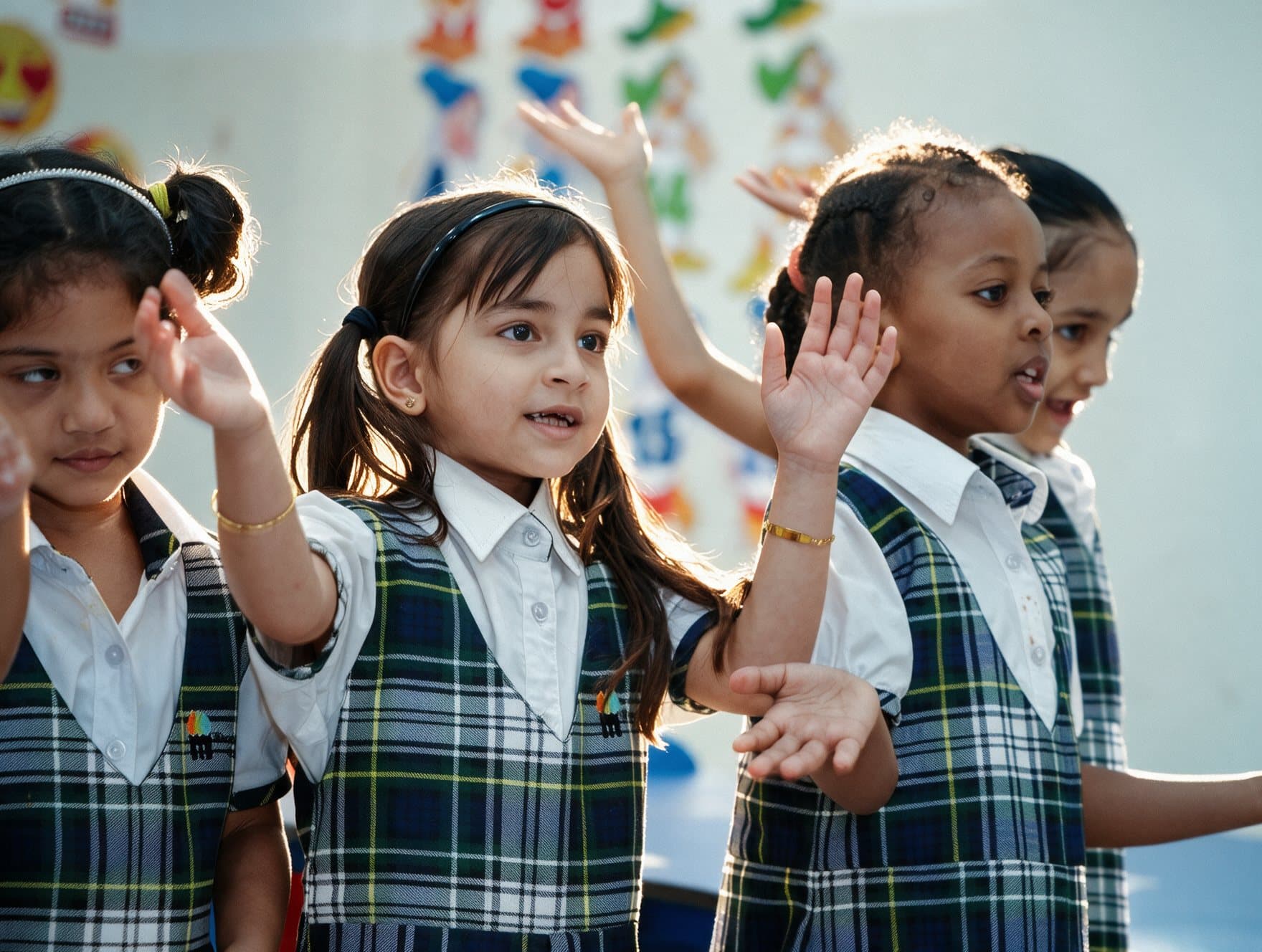 Kindergarten girls singing and waving during a class performance