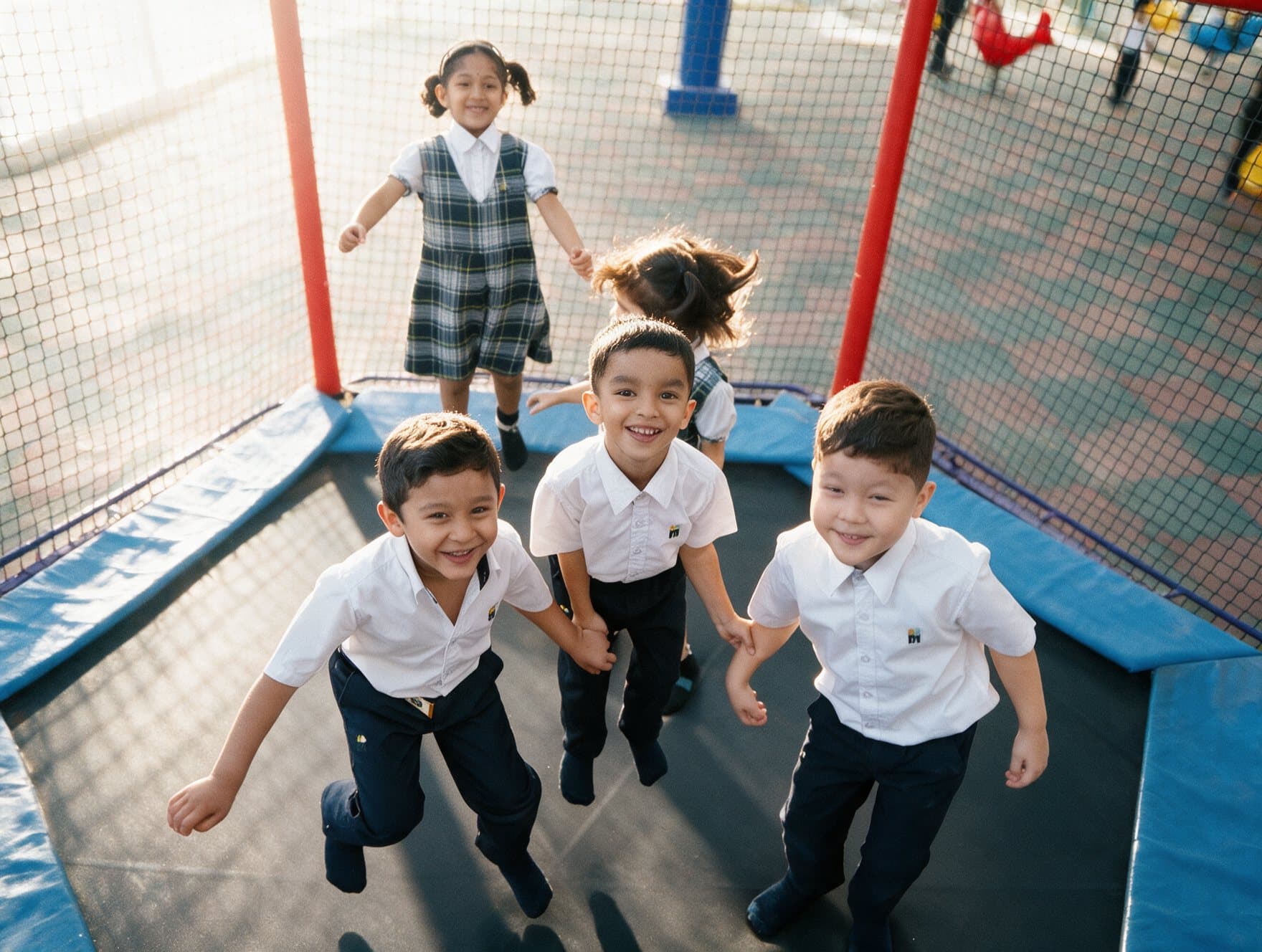 Kindergarten children laughing on the trampoline in the play area
