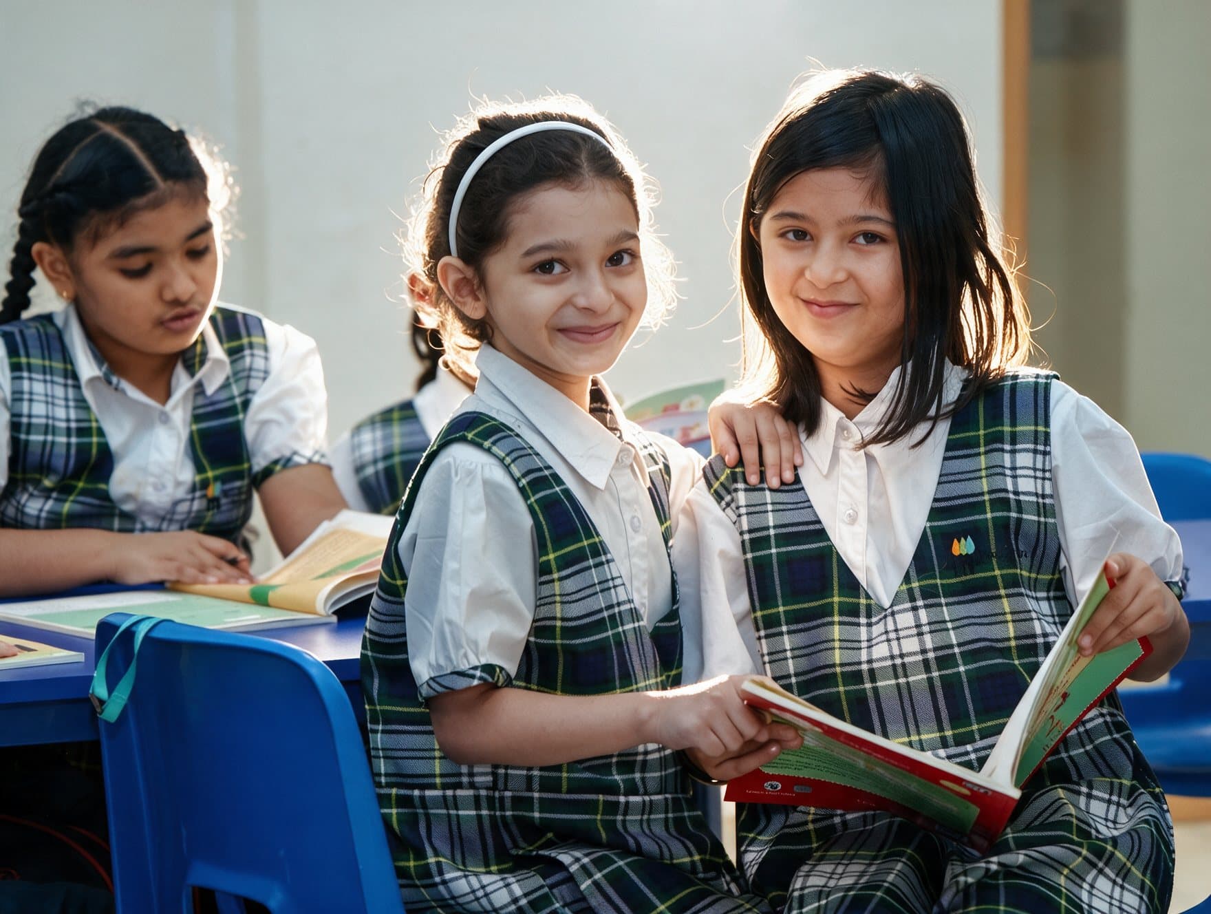 Two primary students sharing a book in class