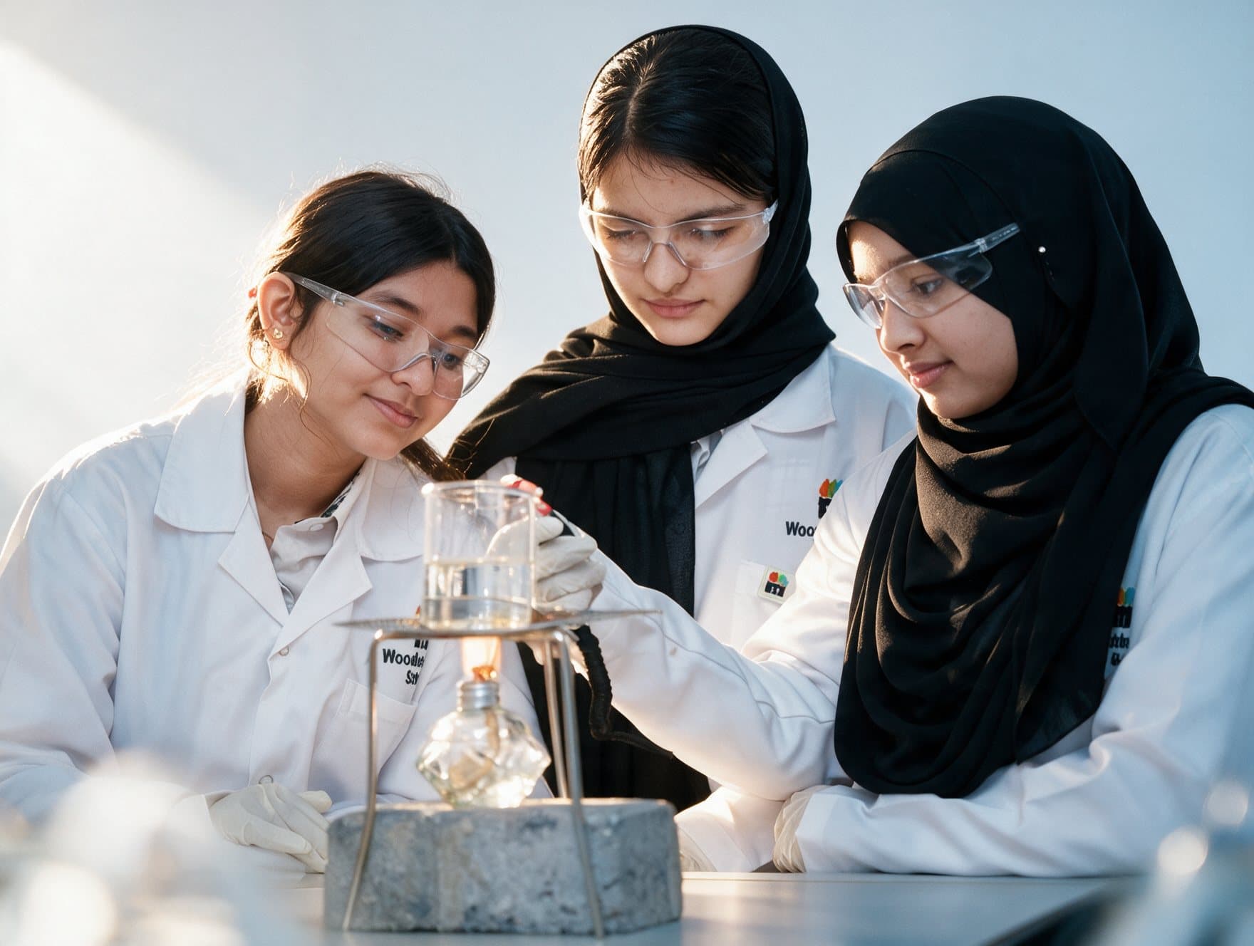Secondary students heating a beaker in the chemistry lab